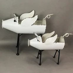 Rustic White Flying Pig Standing Metal Planters SET