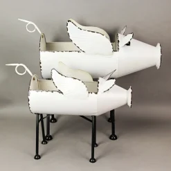 Rustic White Flying Pig Standing Metal Planters SET