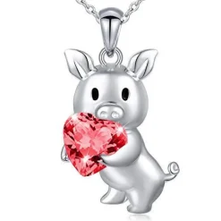 SALE! Pig with Red CZ Heart Necklace, Sterling Silver