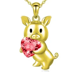 SALE! Pig with Red CZ Heart Necklace, Sterling Silver