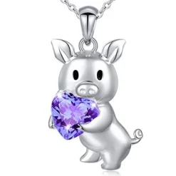 SALE! Pig with Red CZ Heart Necklace, Sterling Silver
