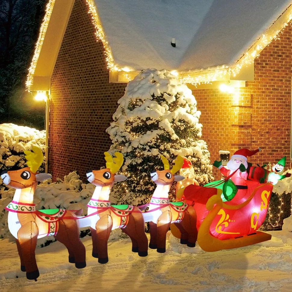 Santa Reindeer Sleigh 12 ft Christmas Inflatable Outdoor/Indoor Decoration with Built-in LED Lights