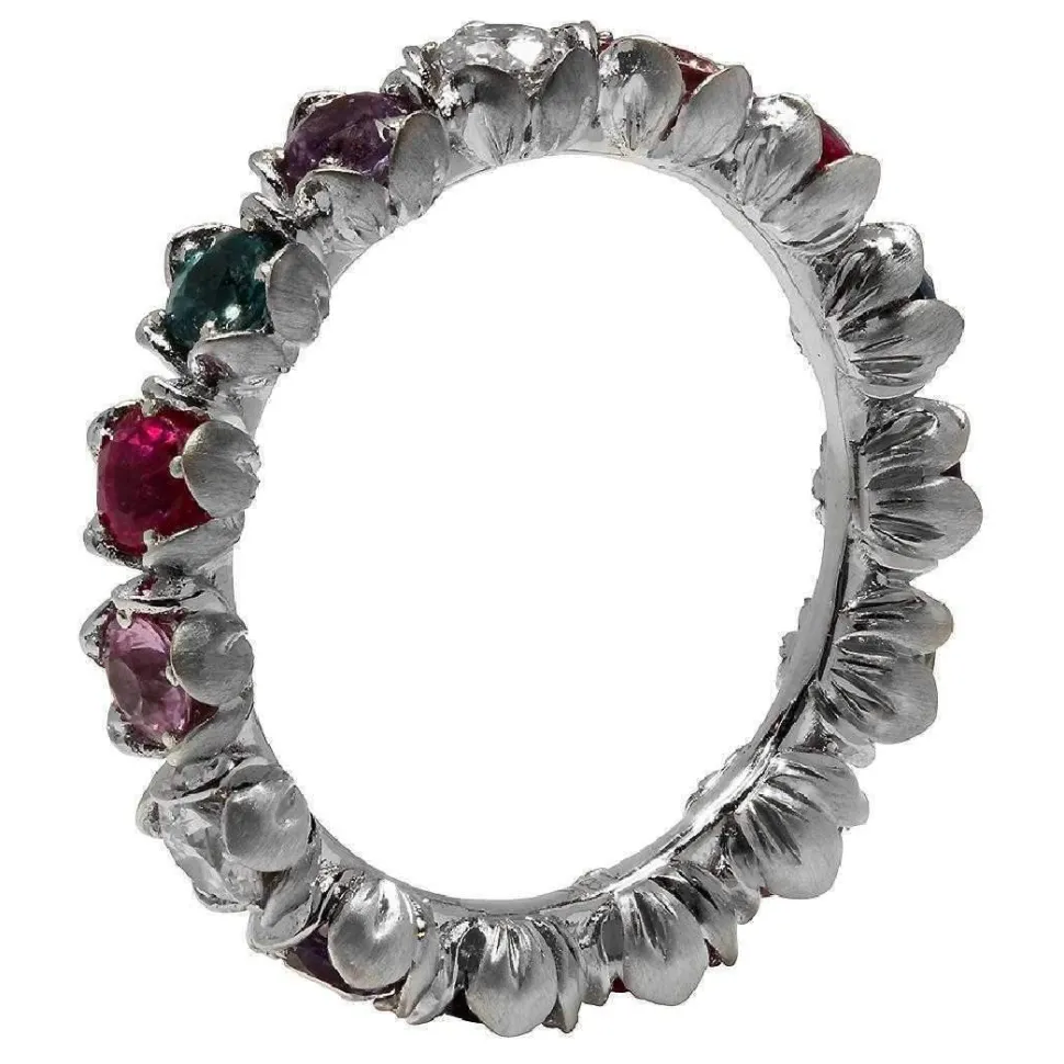 Sapphire and Diamond Eternity Band in 18K White Gold-Flower Motif