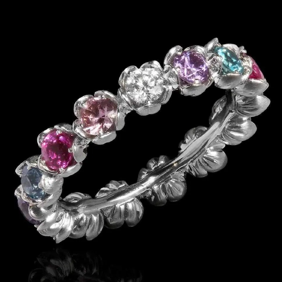 Sapphire and Diamond Eternity Band in 18K White Gold-Flower Motif