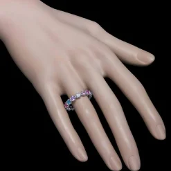 Sapphire and Diamond Eternity Band in 18K White Gold-Flower Motif