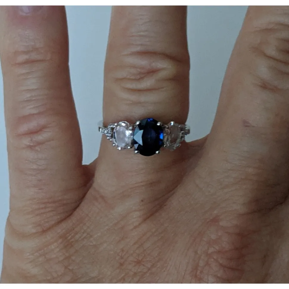 Sapphire, Morganite and Diamond Ring in 10K White Gold, Gorgeous & Unusual!