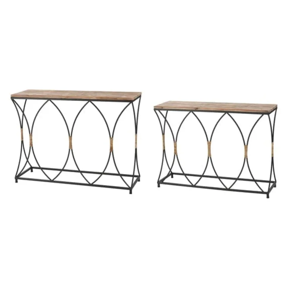 Set of 2 Fisher Island Wood & Metal Console Tables