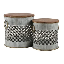 Set of 2 Parla Whitewashed Galvanized Metal & Wood Stools