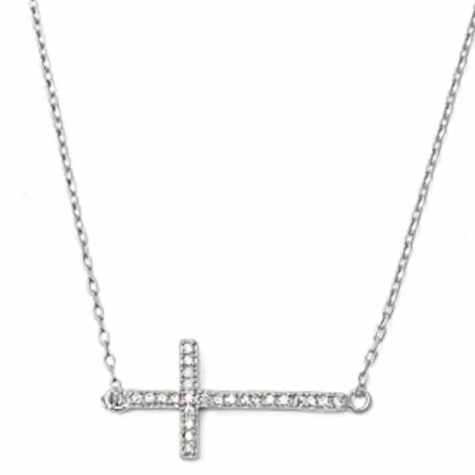 Sideways Cross Necklace with CZ Sterling Silver White, Yellow or Rose Gold Plated
