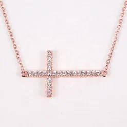 Sideways Cross Necklace with CZ Sterling Silver White, Yellow or Rose Gold Plated