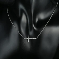 Sideways Cross Necklace with CZ Sterling Silver White, Yellow or Rose Gold Plated