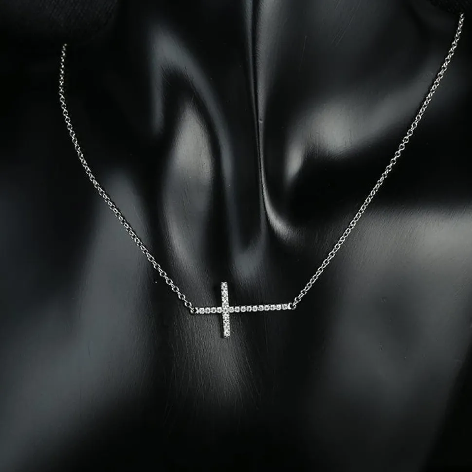 Sideways Cross Necklace with CZ Sterling Silver White, Yellow or Rose Gold Plated