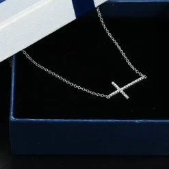 Sideways Cross Necklace with CZ Sterling Silver White, Yellow or Rose Gold Plated