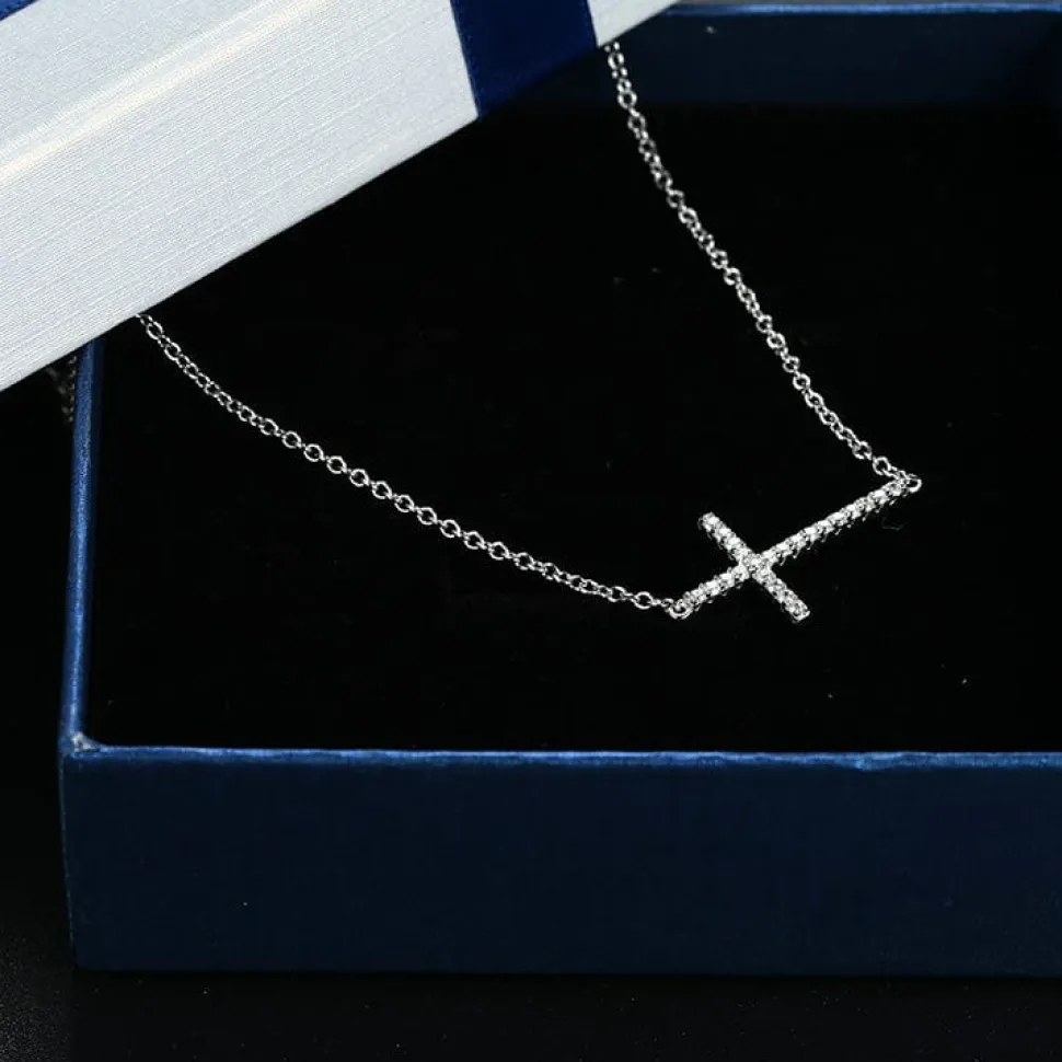 Sideways Cross Necklace with CZ Sterling Silver White, Yellow or Rose Gold Plated