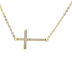 Sideways Cross Necklace with CZ Sterling Silver White, Yellow or Rose Gold Plated