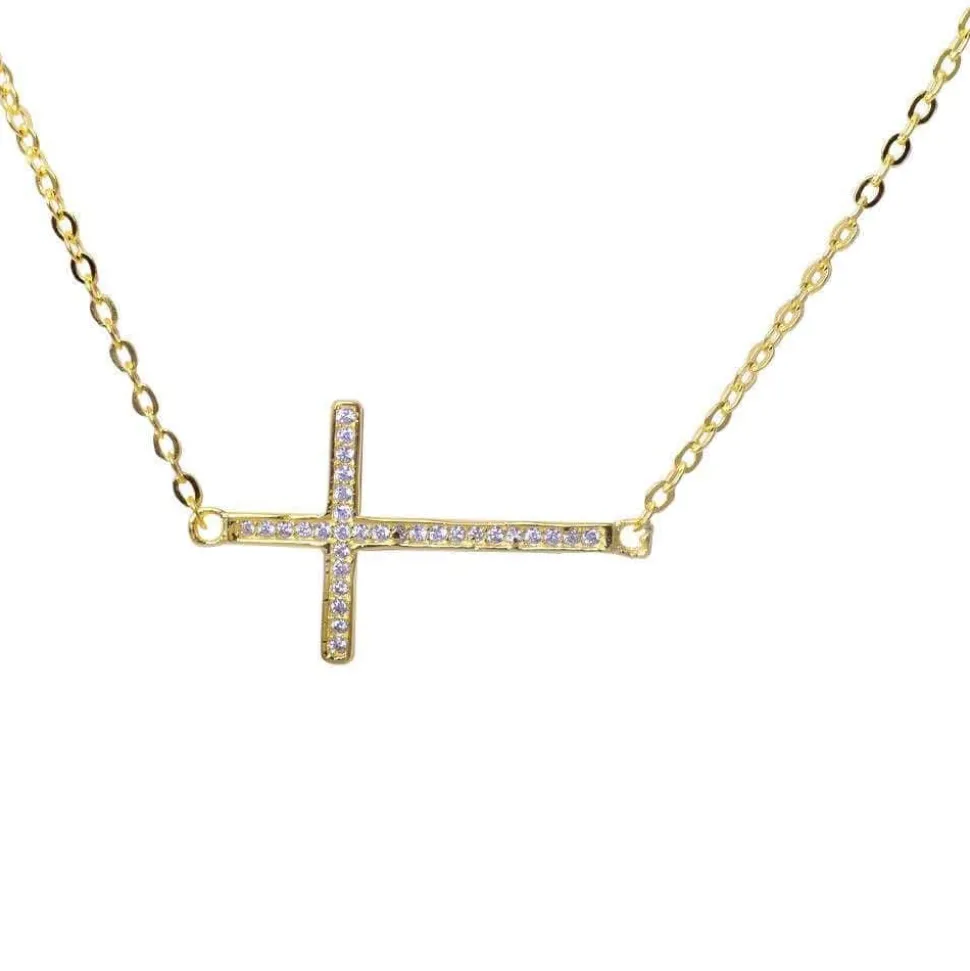 Sideways Cross Necklace with CZ Sterling Silver White, Yellow or Rose Gold Plated