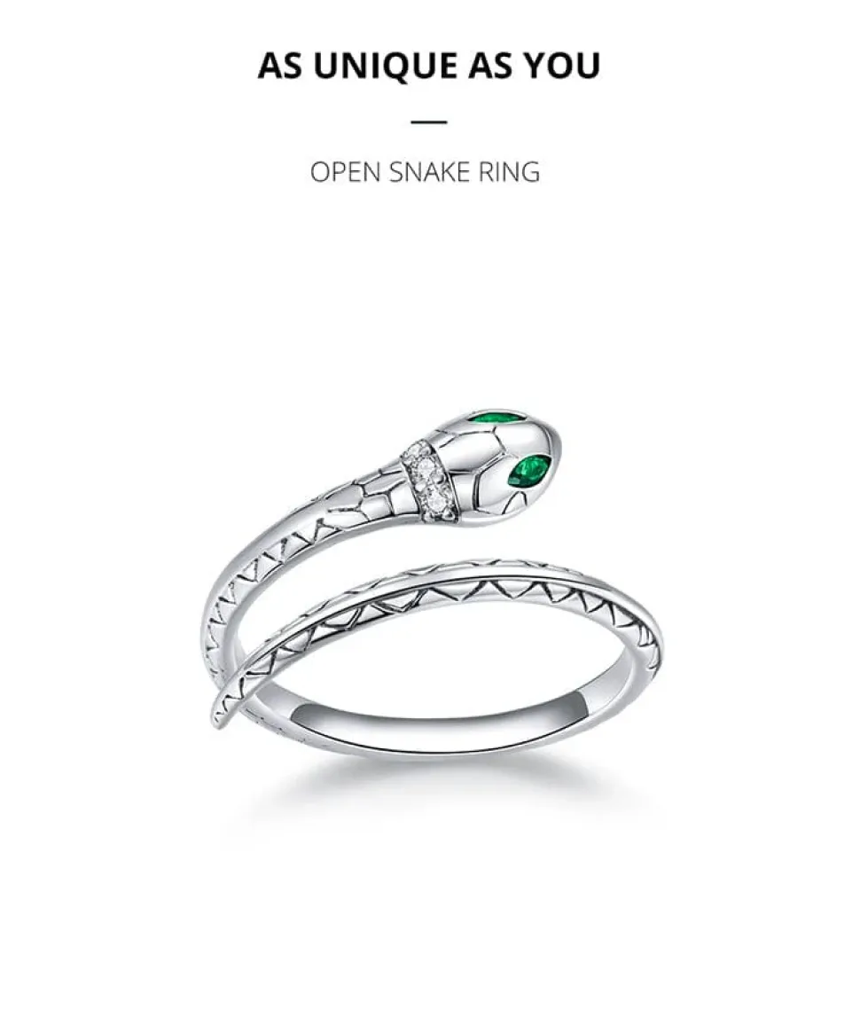 Snake Ring Sterling Silver Green CZ Eyes Open Design