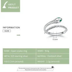 Snake Ring Sterling Silver Green CZ Eyes Open Design