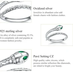 Snake Ring Sterling Silver Green CZ Eyes Open Design