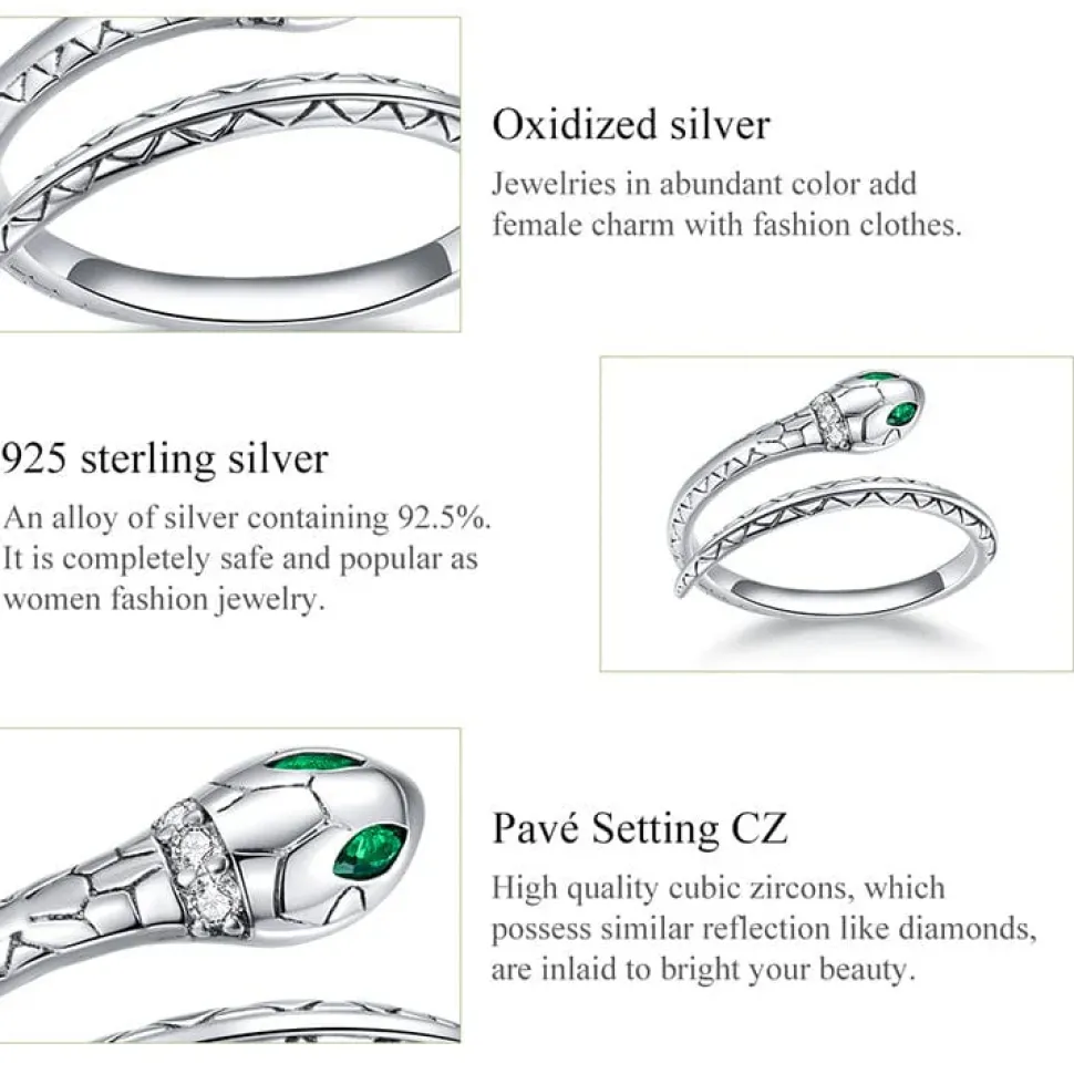 Snake Ring Sterling Silver Green CZ Eyes Open Design