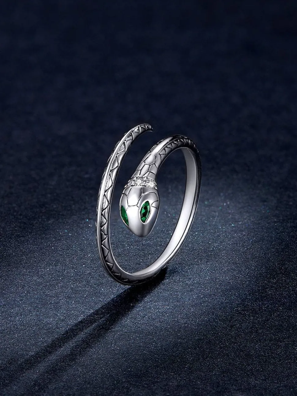 Snake Ring Sterling Silver Green CZ Eyes Open Design