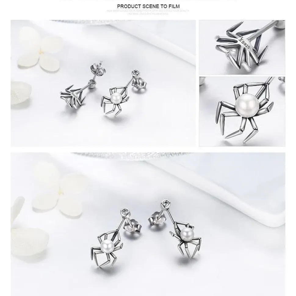 Spider and Pearl Earrings and Ring in Sterling Silver, Adorable!