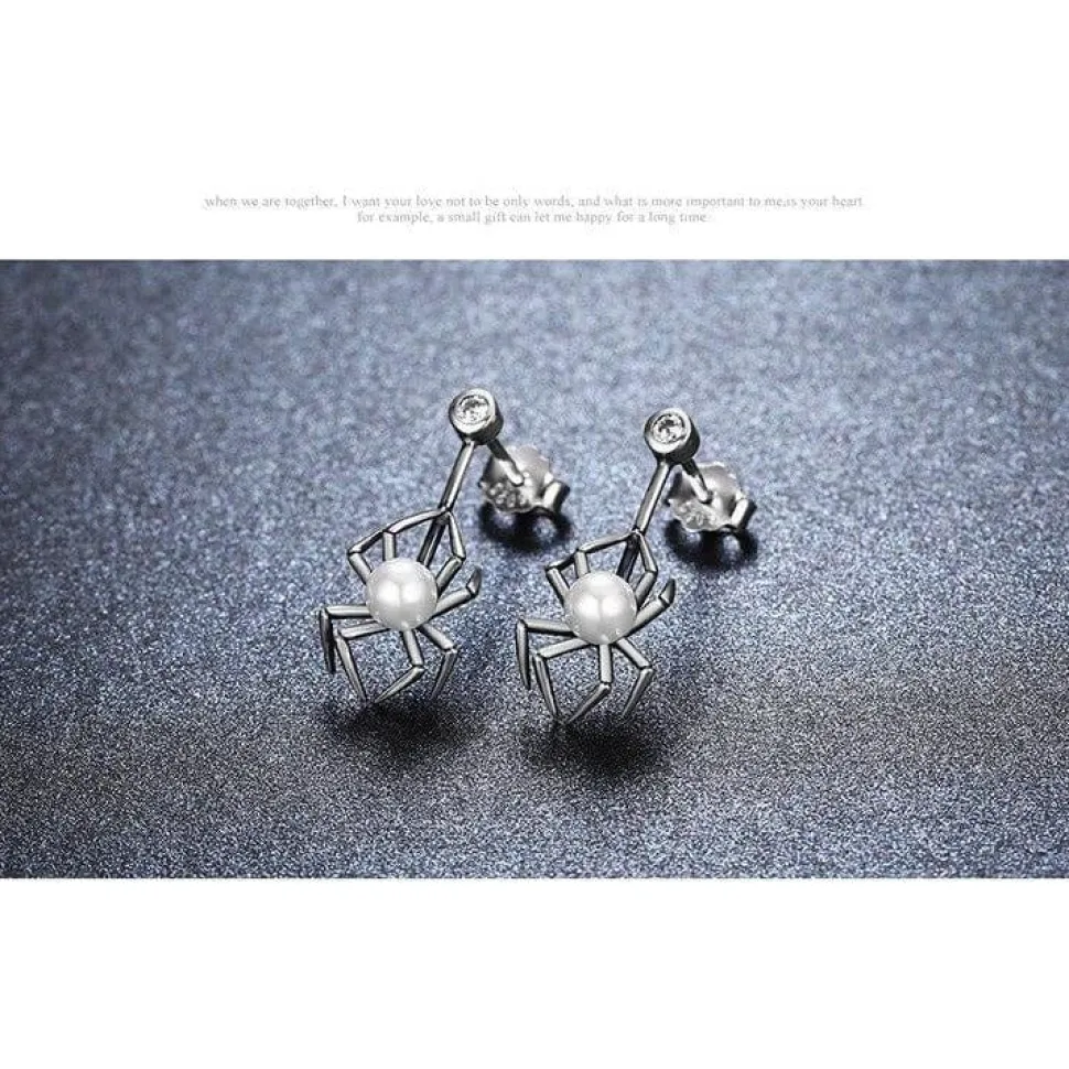 Spider and Pearl Earrings and Ring in Sterling Silver, Adorable!