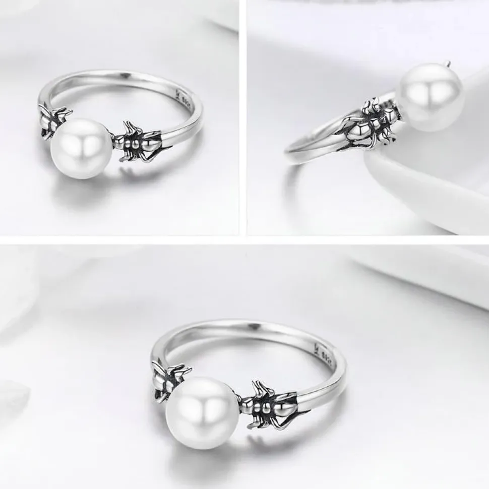 Spider and Pearl Earrings and Ring in Sterling Silver, Adorable!