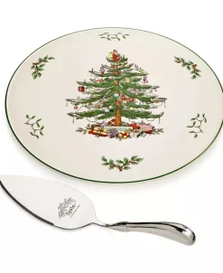 Spode Christmas Tree Porcelain Cake Plate with Stainless Steel Metal Server