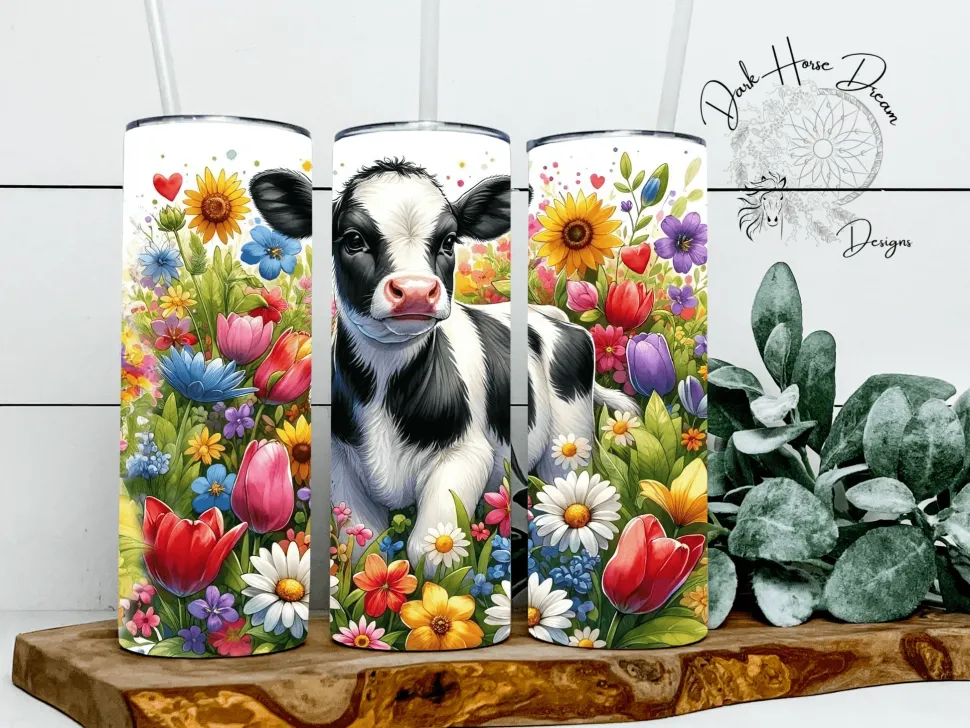 Springtime Floral Black and White Baby Farm Cow Tumbler