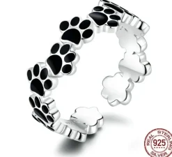 Sterling Silver Black Paw Print Adjustable Ring *