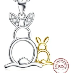 Sterling Silver Bunny Rabbit Necklace with Pair of CUTE Rabbits!