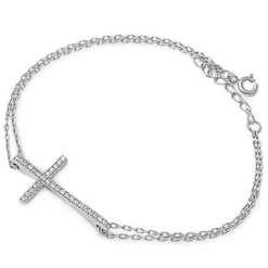 Sterling Silver Cross Bracelets with CZ, Rhodium, Rose or Yellow Gold Plated One or Two Strands 7"