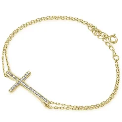 Sterling Silver Cross Bracelets with CZ, Rhodium, Rose or Yellow Gold Plated One or Two Strands 7"