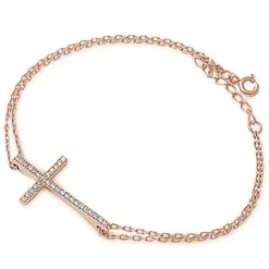 Sterling Silver Cross Bracelets with CZ, Rhodium, Rose or Yellow Gold Plated One or Two Strands 7
