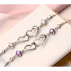 Sterling Silver Heart Bracelets in Clear or Purple CZ, Beautiful Gift!