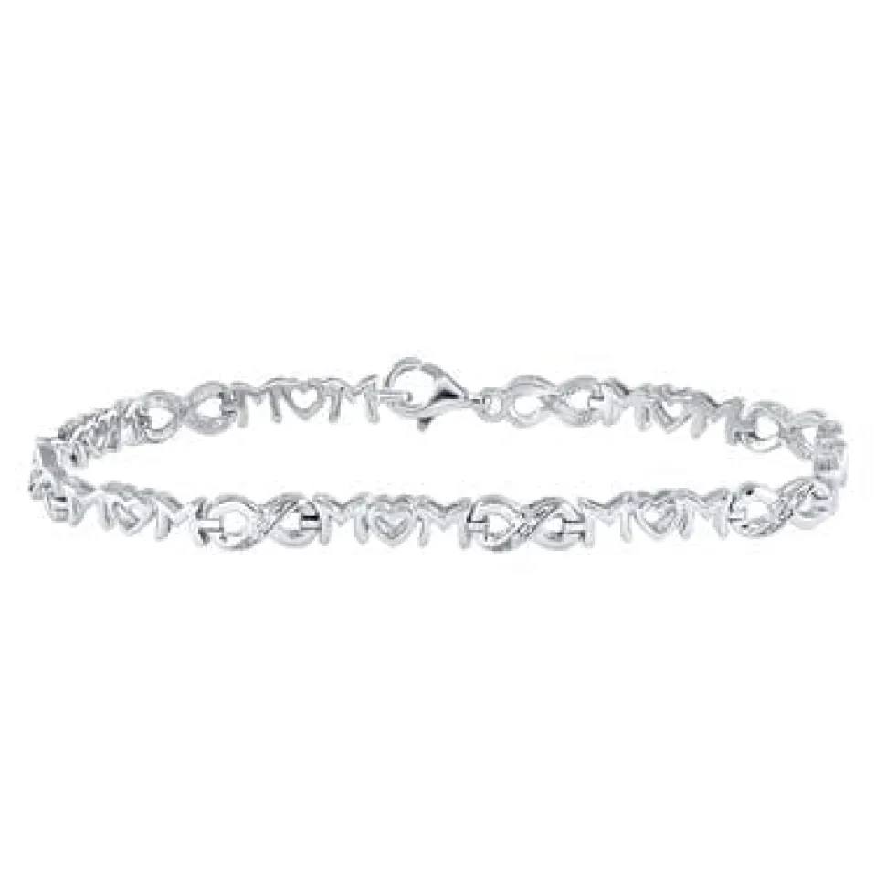 STERLING SILVER ROUND DIAMOND MOM HEART LINK INFINITY BRACELET .03 CTTW