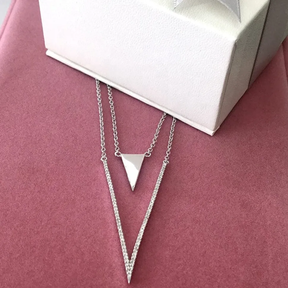 Stunning High End Layered "V" Necklace and Earrings in Sterling Silver with 5A Cubic Zirconia