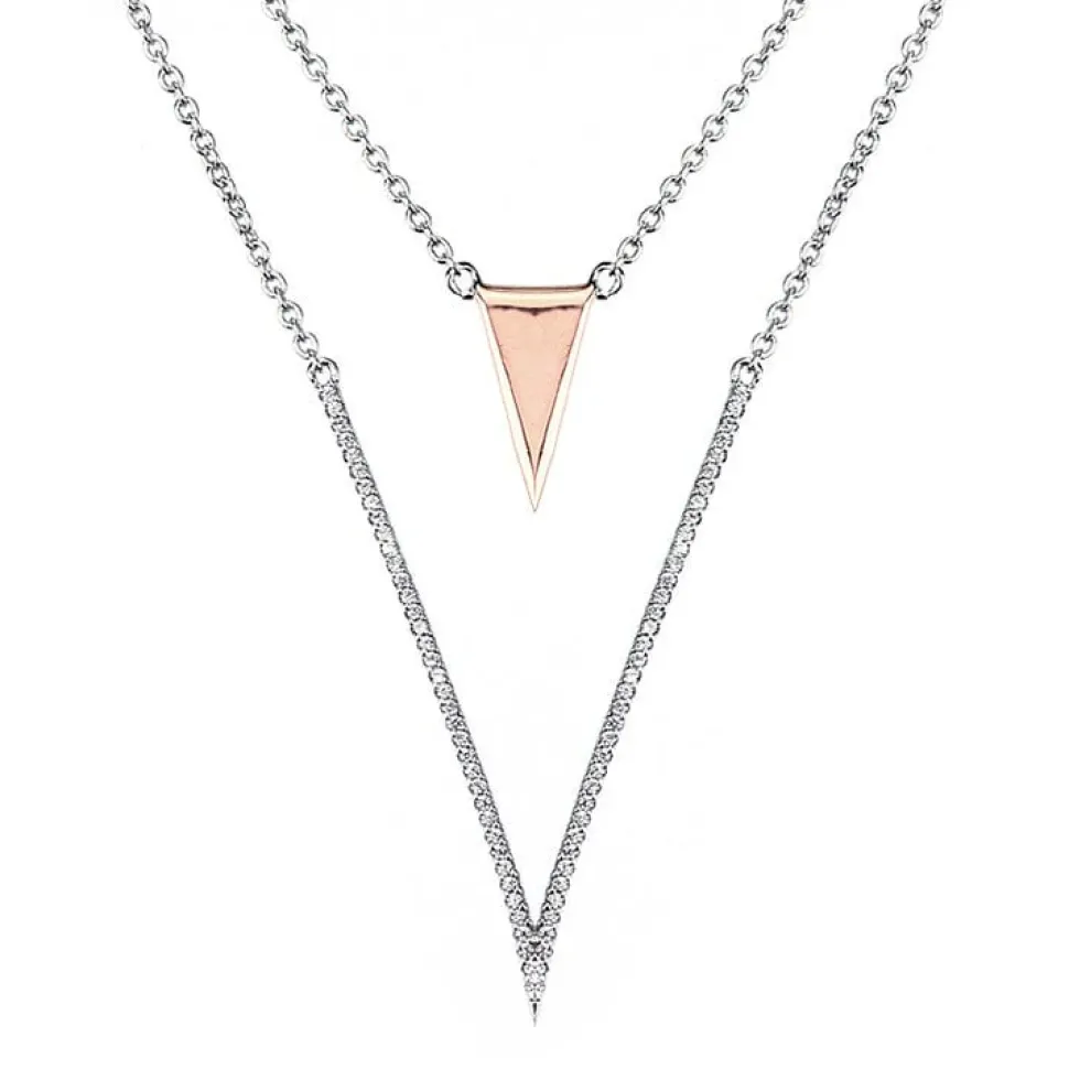 Stunning High End Layered "V" Necklace and Earrings in Sterling Silver with 5A Cubic Zirconia