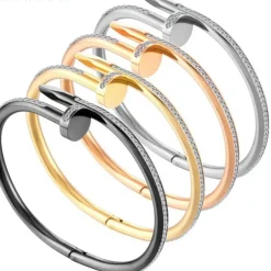 Stunning Nail Bangle Bracelet-Hinged with Cubic Zirconia Stainless Steel, 18K Gold Plated