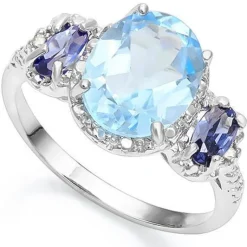 Stunning Swiss Blue Topaz, Lab Created Tanzanite and REAL Diamond Ring