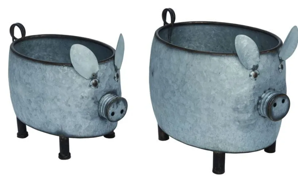 Tin Metal Country Pig Planters- Big and CUTE!