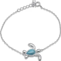 Turtle Bracelet, 2 Styles, 925 Sterling Silver Natural Larimar Bolo or Chain