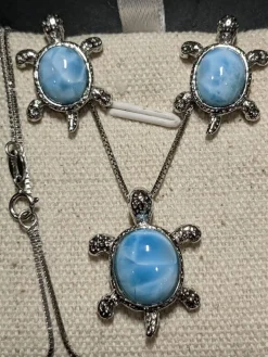 Turtle Jewelry SET in 925 Sterling Silver Natural Larimar