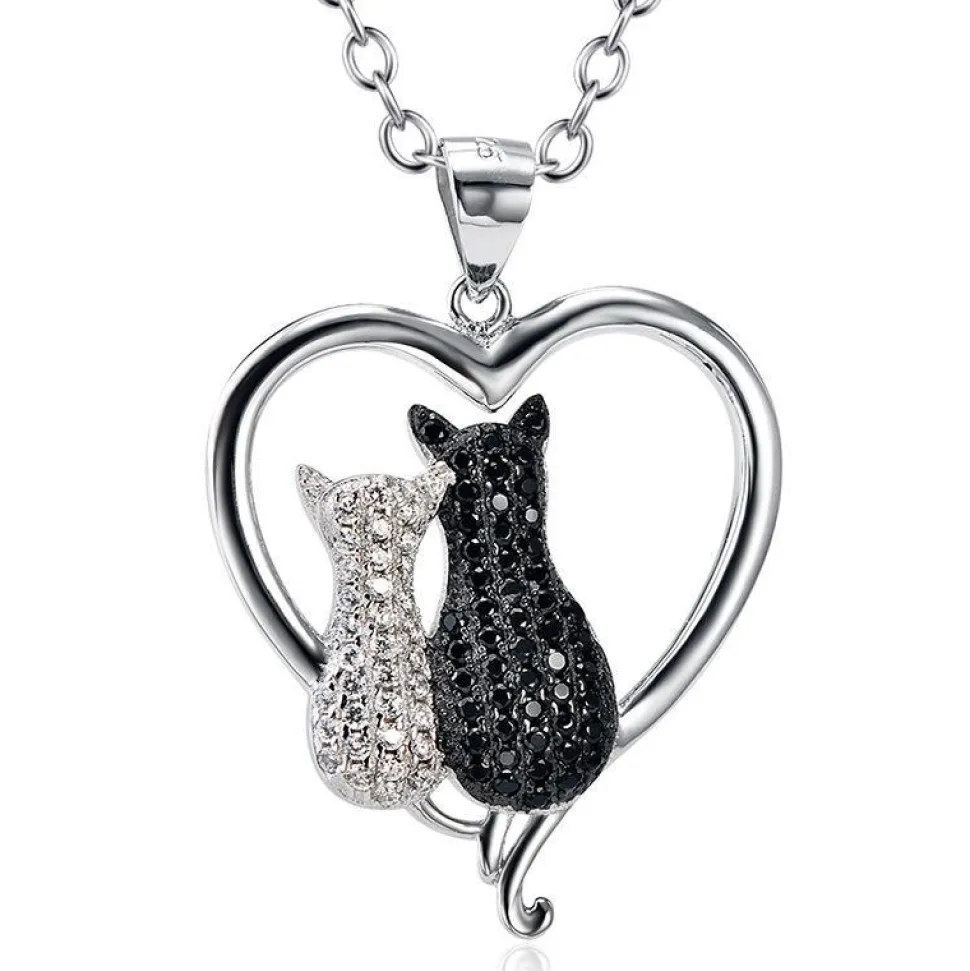 Two Cats in a Heart Necklace in 925 Silver, Darling! White and Black Kitties