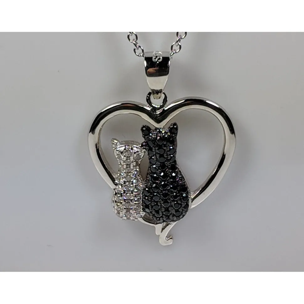 Two Cats in a Heart Necklace in 925 Silver, Darling! White and Black Kitties