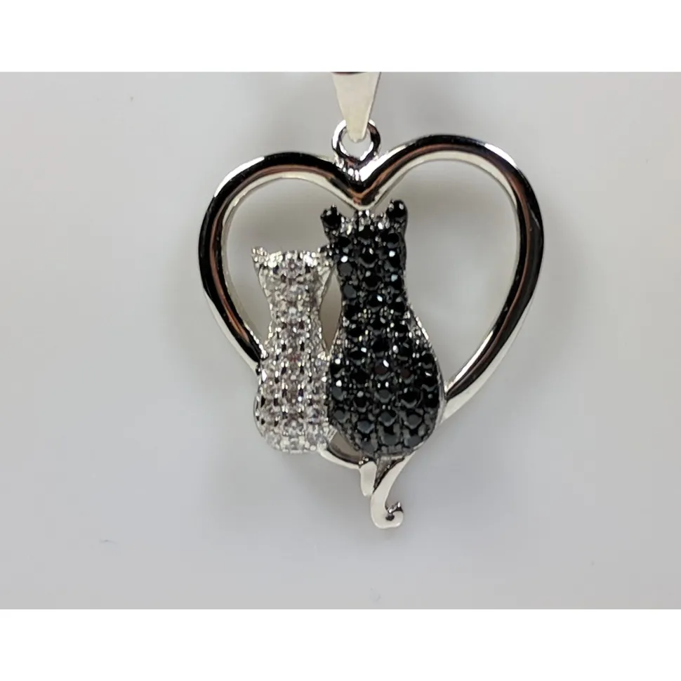 Two Cats in a Heart Necklace in 925 Silver, Darling! White and Black Kitties