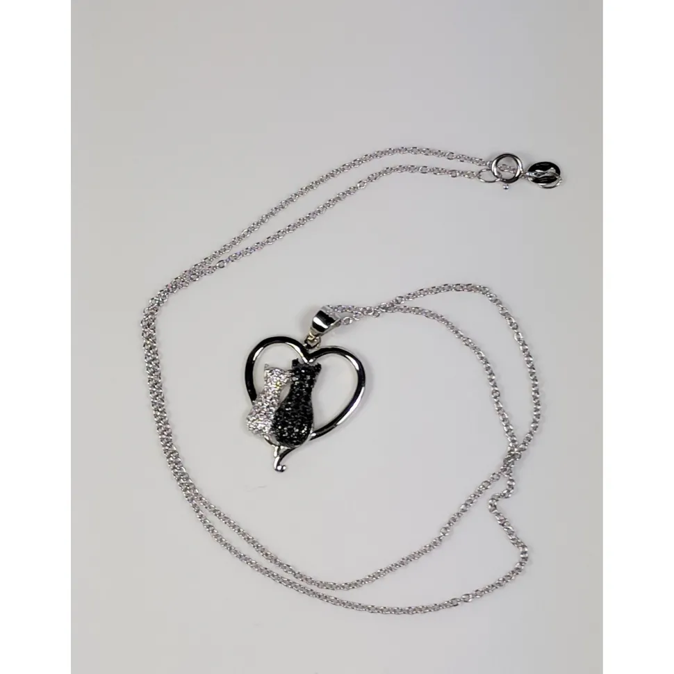 Two Cats in a Heart Necklace in 925 Silver, Darling! White and Black Kitties