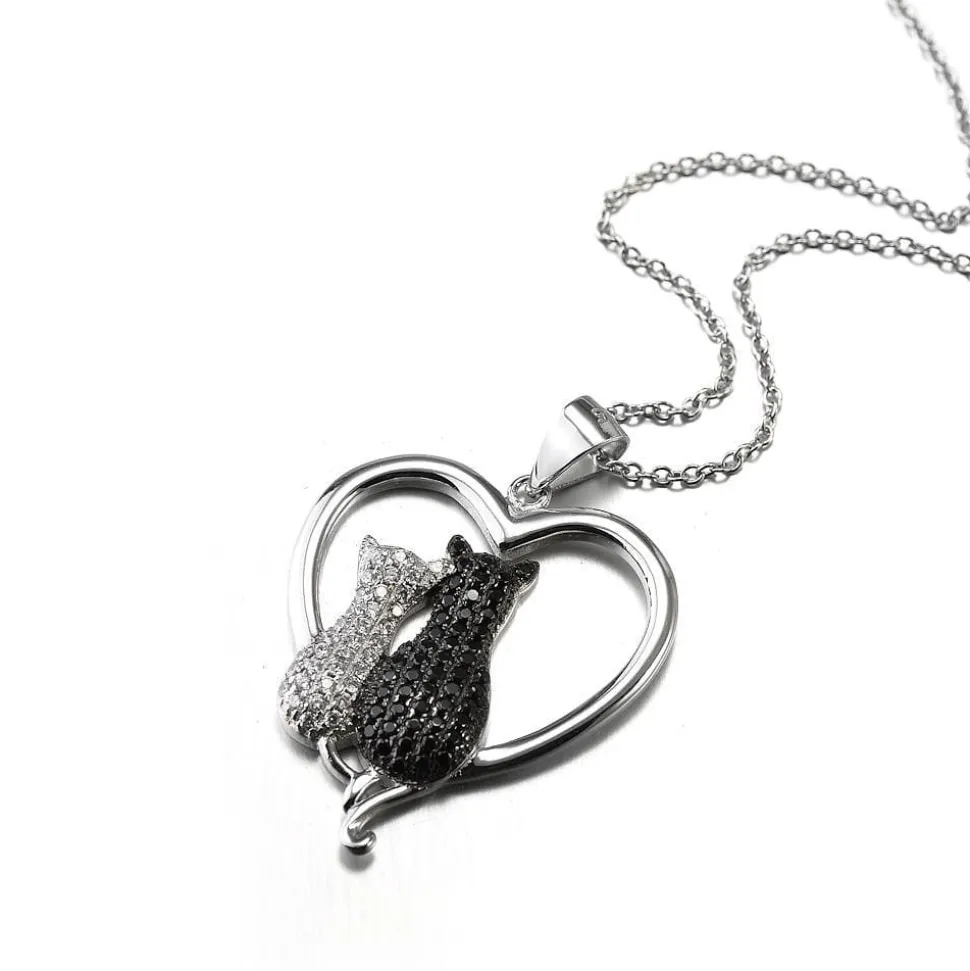 Two Cats in a Heart Necklace in 925 Silver, Darling! White and Black Kitties