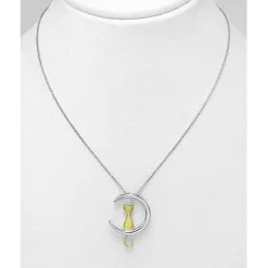 Two Tone Cat in the Moon Jewelry SET in solid 925 Silver for the Cat Lovers!